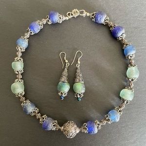 African Silver & Old Ghanaian Glass Beads Necklace and Earring Set